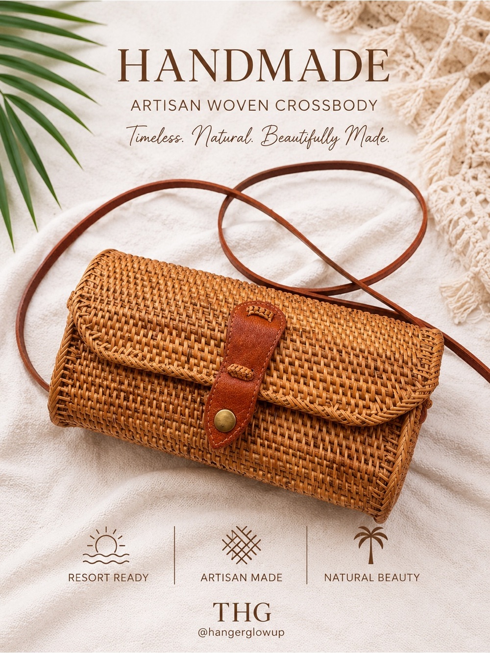 Handmade Woven Rattan Crossbody Bag Leather Trim Boho Resort Purse